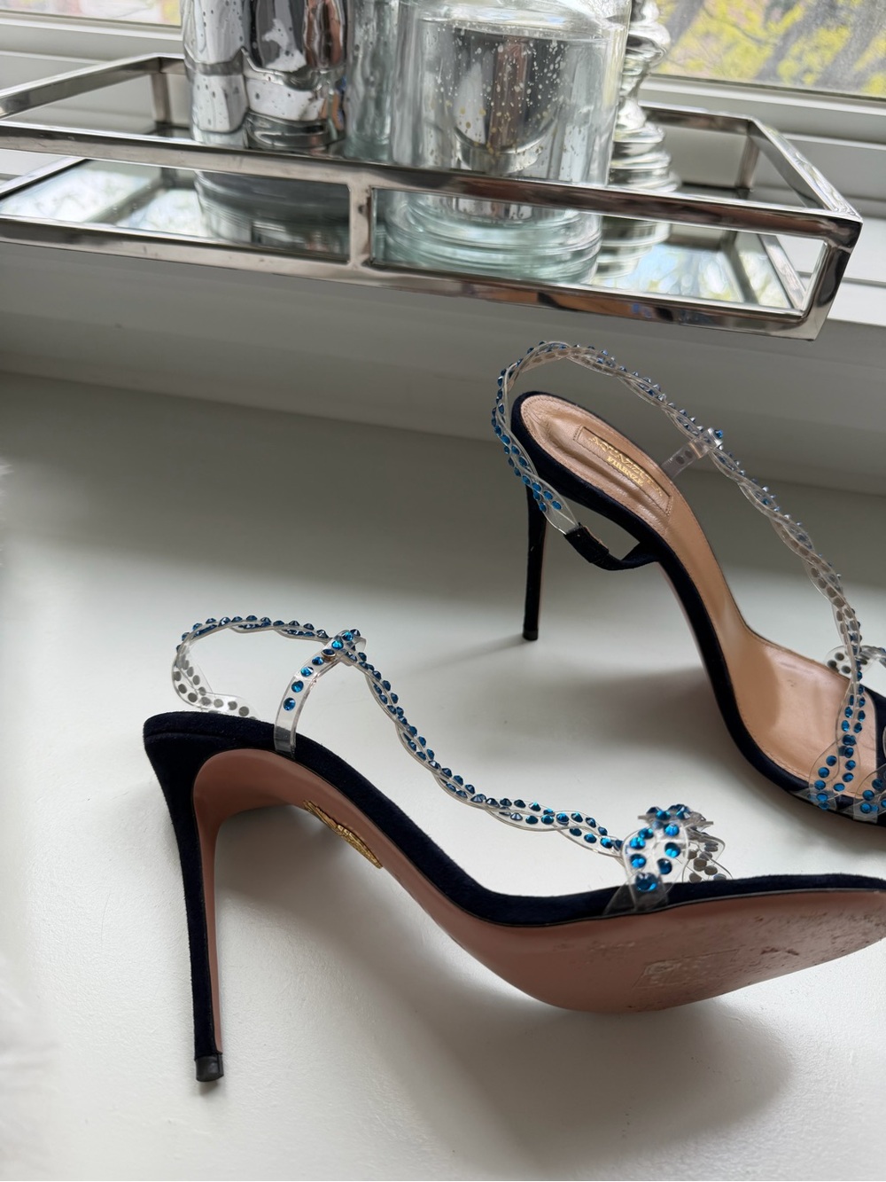 Aquazzura Navy Blue Crystal-Embellished Open-Toe Heels - Picture 4 of 7